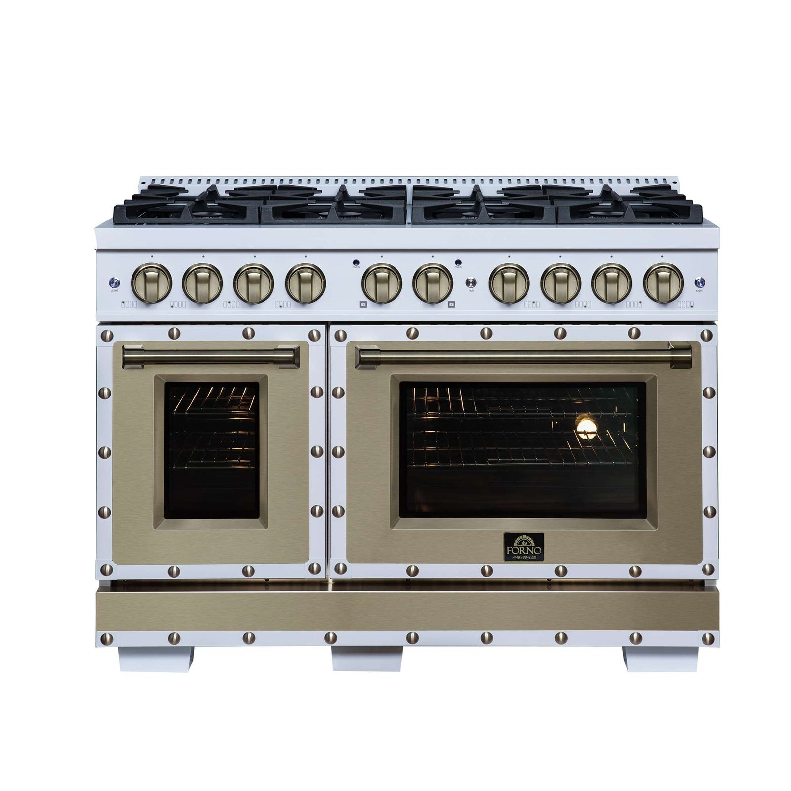Forno Ambassador 48" Gas Range in White, 8 Sealed Burnes, 94 000 BTU Cooktop Output, 6.7 Cu.Ft. Double Oven, Telescopic Racks - FFSGS6299-48CPWHT