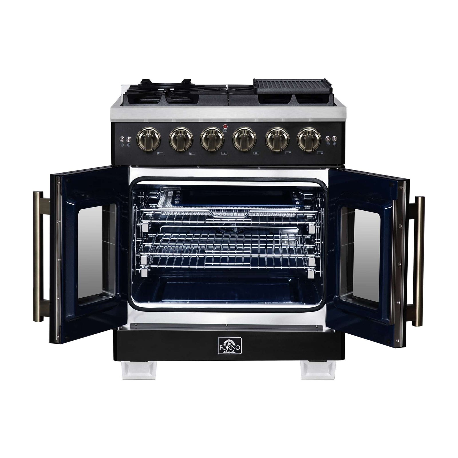 Forno Capriasca 30-Inch Freestanding French Door Gas Range, 4 Burners, Convection Oven, Energy Efficient - FFSGS6460-30BLK