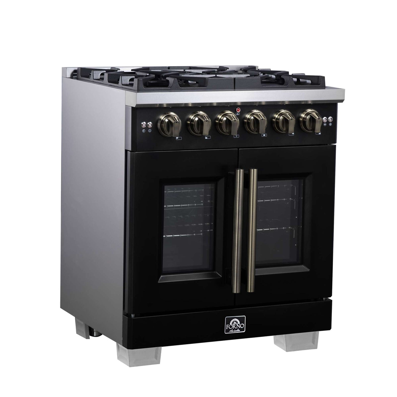 Forno Capriasca 30-Inch Freestanding French Door Gas Range, 4 Burners, Convection Oven, Energy Efficient - FFSGS6460-30BLK