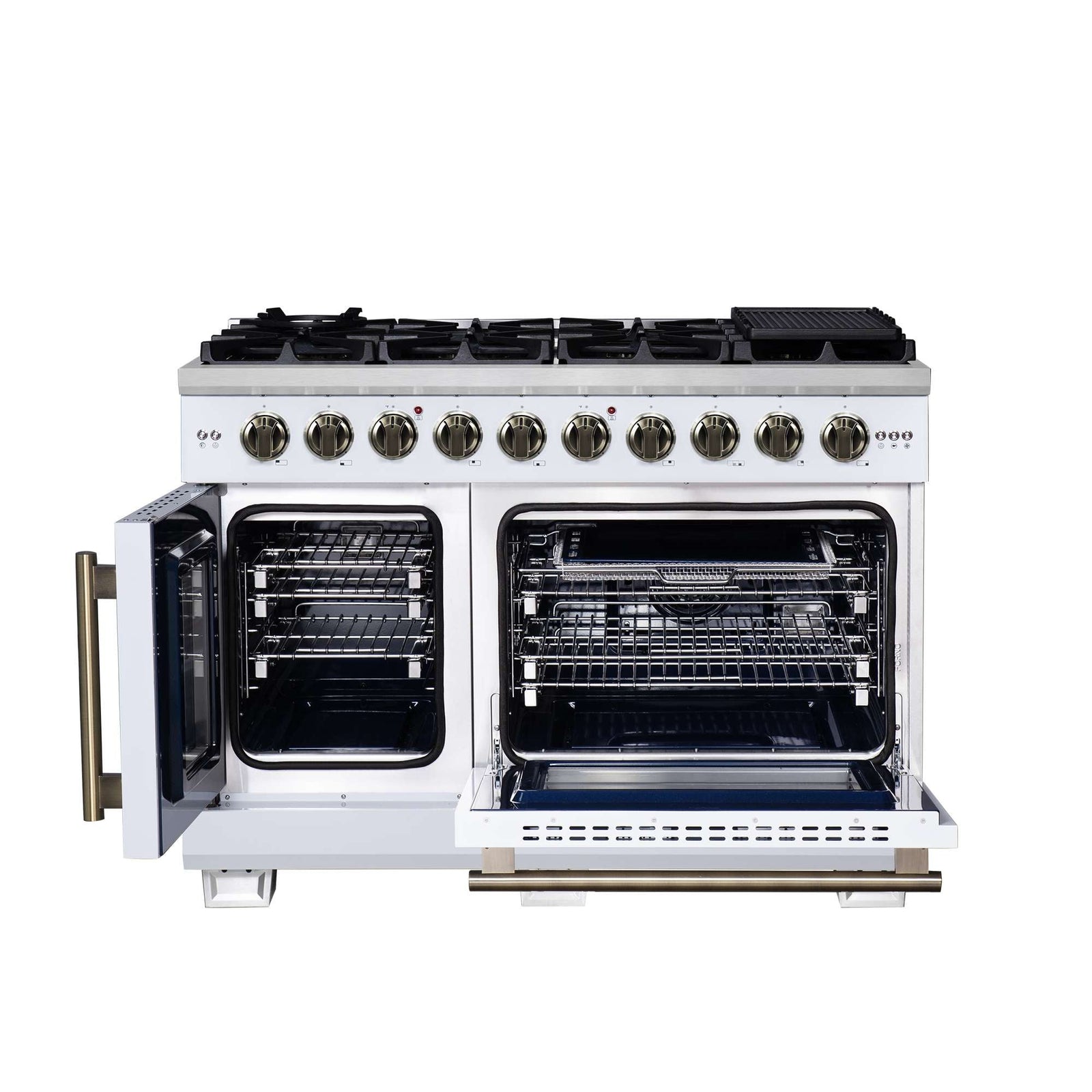 Forno Capriasca 48-Inch White Freestanding French Door Gas Range, 8 Burners, Convection Oven, Energy Efficient - FFSGS6460-48WHT