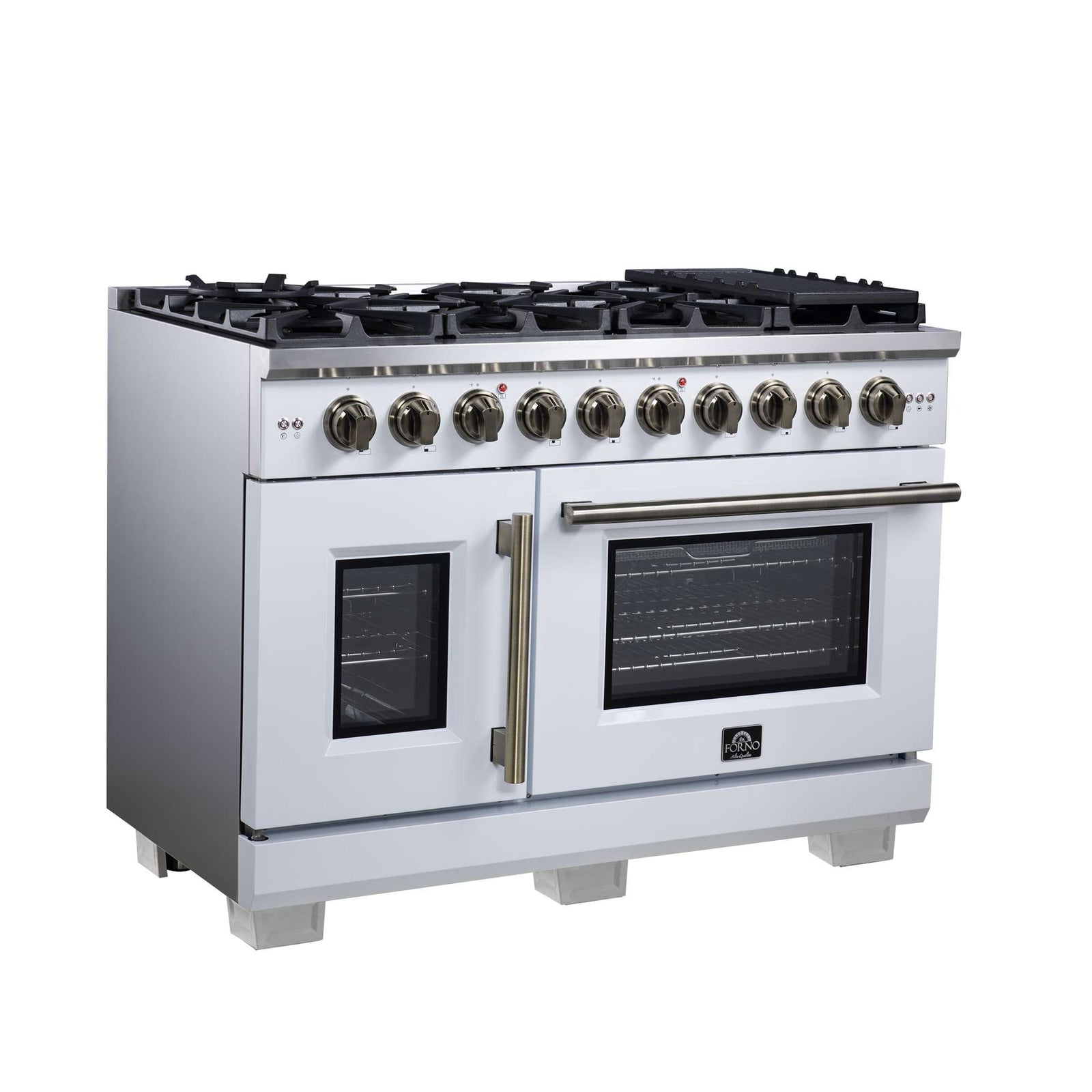 Forno Capriasca 48-Inch White Freestanding French Door Gas Range, 8 Burners, Convection Oven, Energy Efficient - FFSGS6460-48WHT