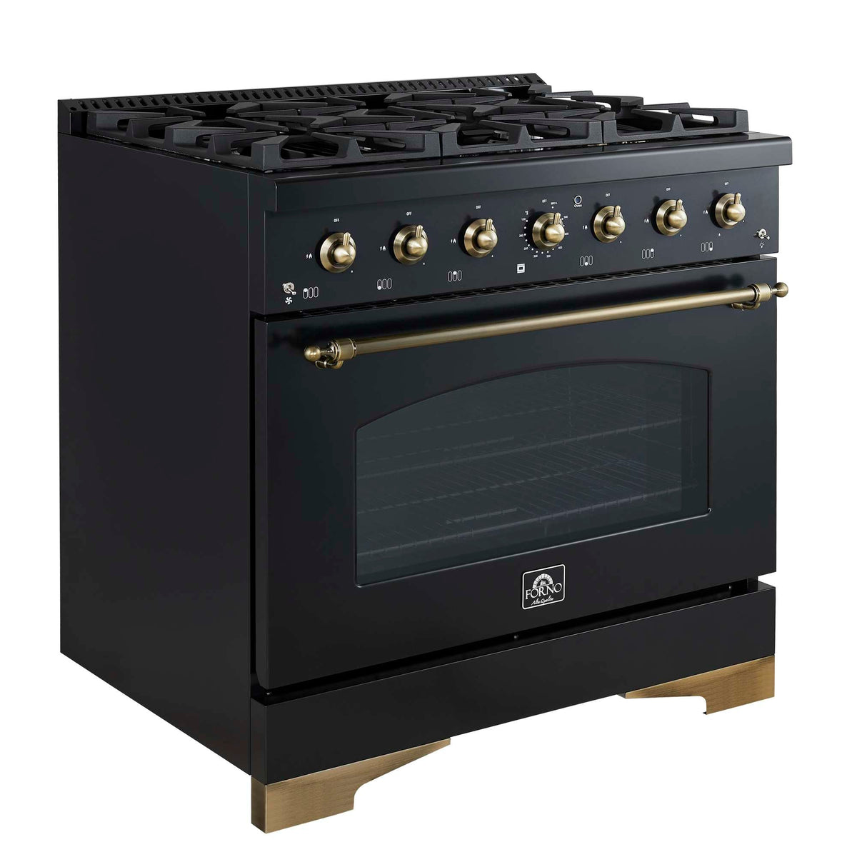 Forno Antico 36-Inch Freestanding Gas Range, Black, Antique Brass Design, 6 Burners, Convection Oven, Energy Efficient - FFSGS6219-36BLK