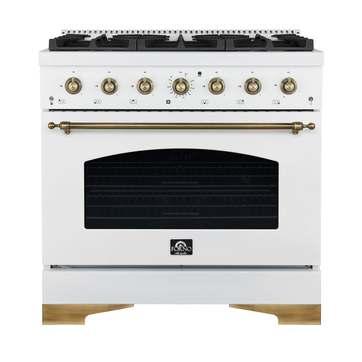 Forno Antico 36-Inch Freestanding Gas Range, White, Antique Brass Design, 6 Burners, Convection Oven, Energy Efficient - FFSGS6219-36WHT