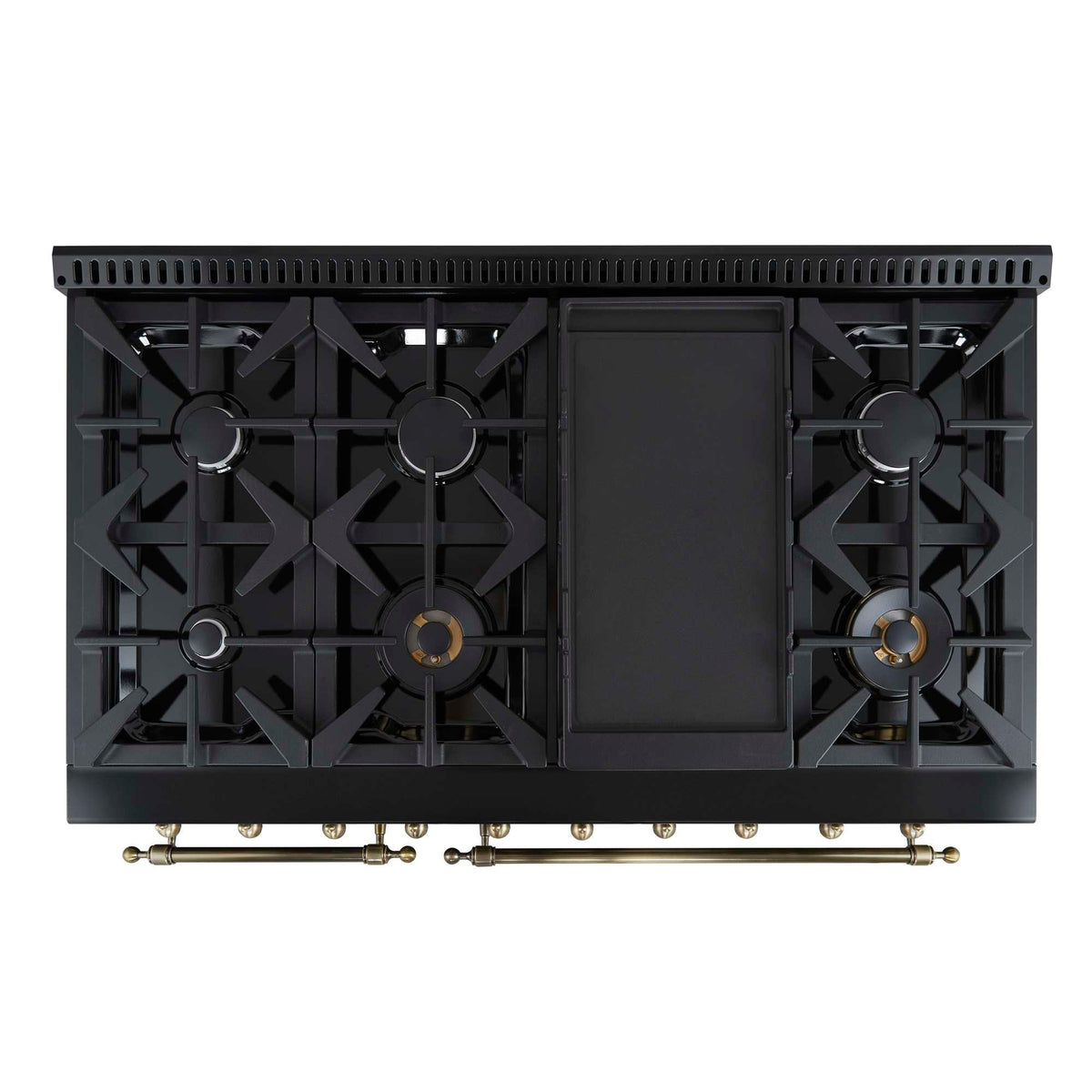 Forno Antico 48-Inch Freestanding Gas Range, Black, Antique Brass Design, 8 Burners, Griddle, Double Ovens, Energy Efficient - FFSGS6219-48BLK