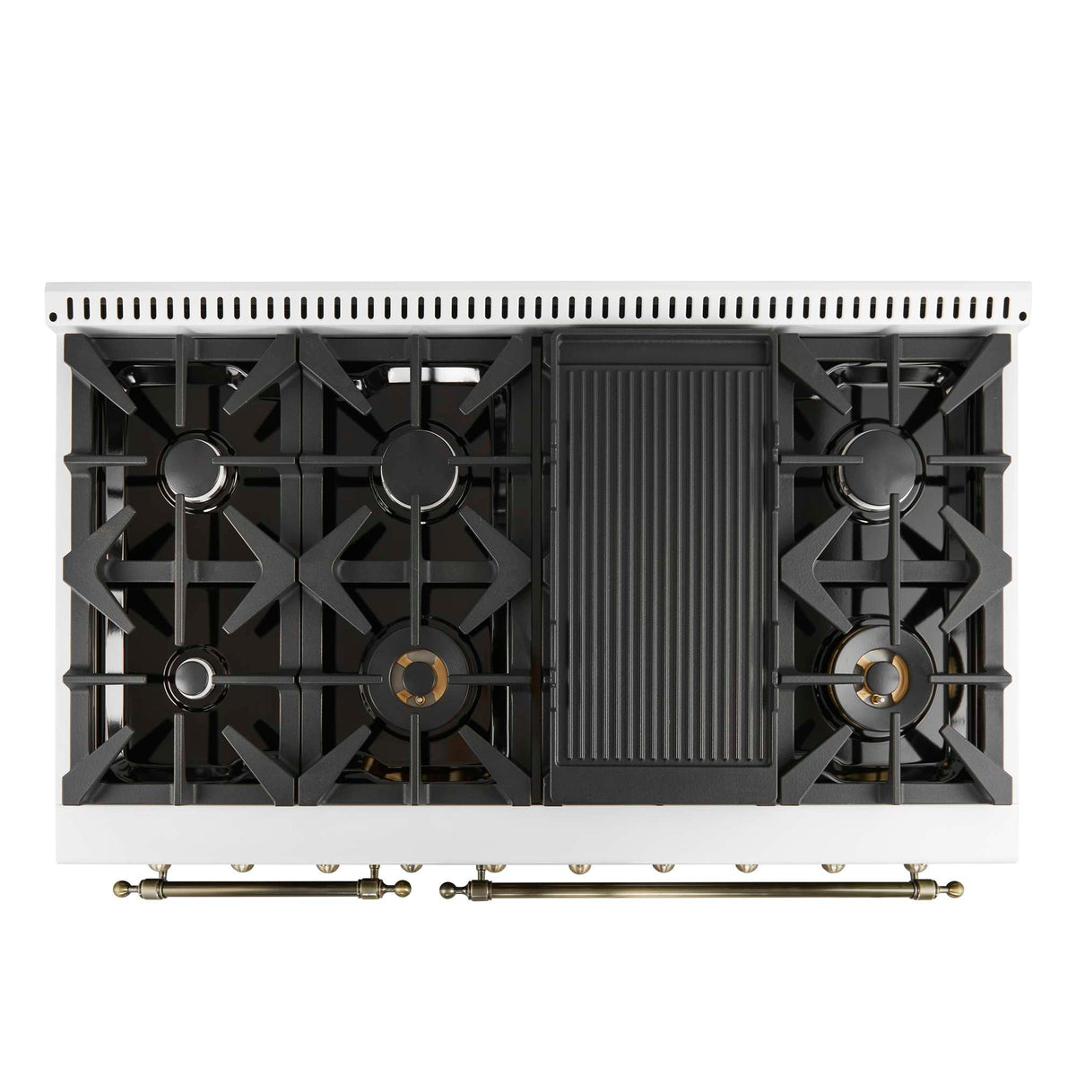 Forno Antico 48-Inch Freestanding Gas Range, White, Antique Brass Design, 8 Burners, Griddle, Double Ovens, Energy Efficient - FFSGS6219-48WHT