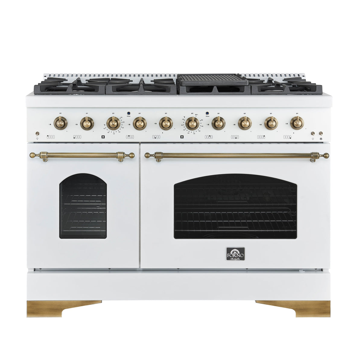 Forno Antico 48-Inch Freestanding Gas Range, White, Antique Brass Design, 8 Burners, Griddle, Double Ovens, Energy Efficient - FFSGS6219-48WHT