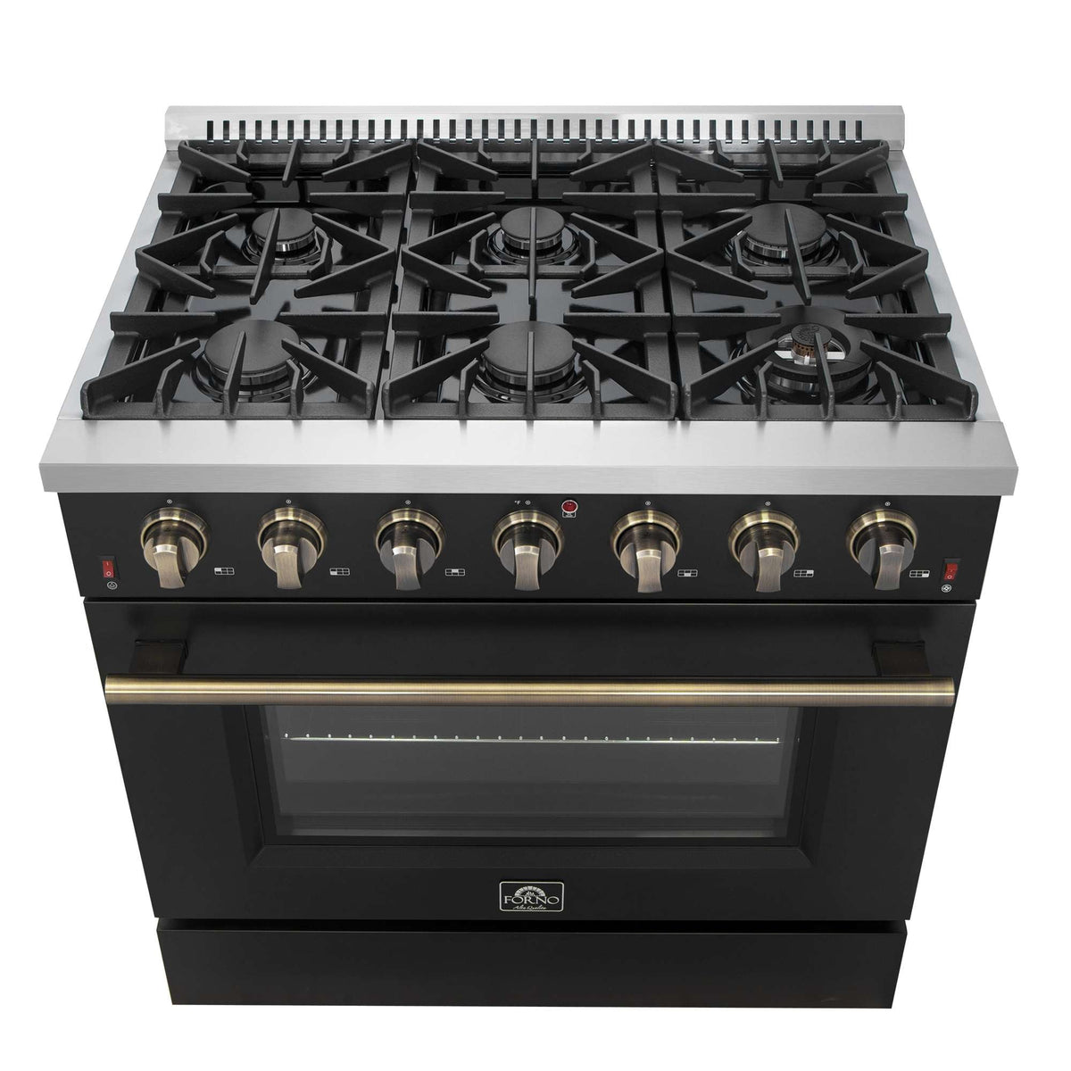 Forno Galiano 36-inch Freestanding Gas Range in Black with Antique Brass Design, 6 Burners, 83,000 BTU, 5.36 cu.ft. Convection Oven - FFSGS6244-36BLK