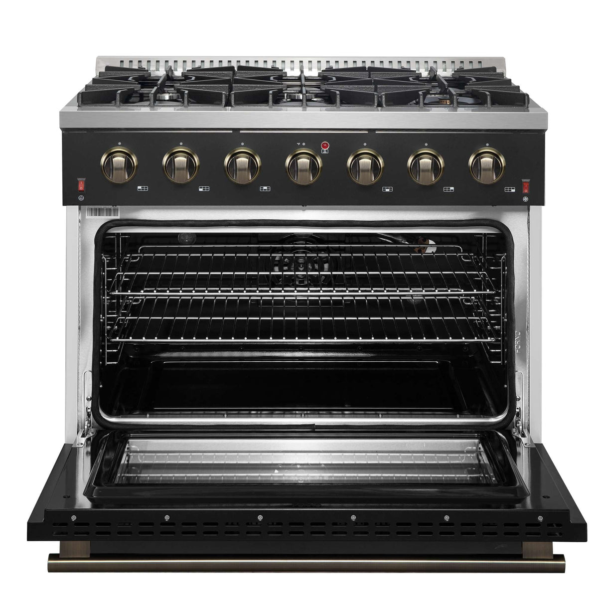 Forno Galiano 36-inch Freestanding Gas Range in Black with Antique Brass Design, 6 Burners, 83,000 BTU, 5.36 cu.ft. Convection Oven - FFSGS6244-36BLK