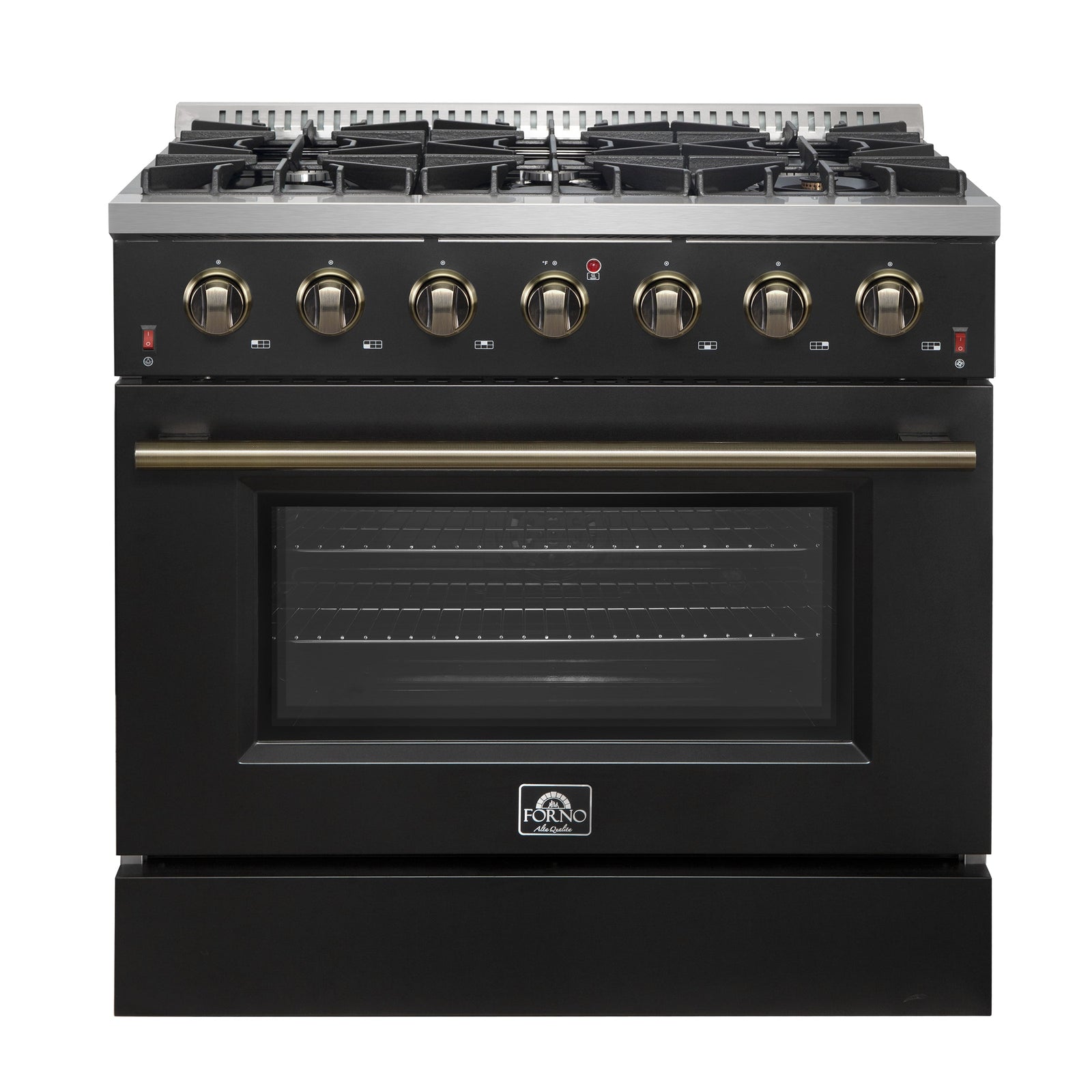 Forno Galiano 36-inch Freestanding Gas Range in Black with Antique Brass Design, 6 Burners, 83,000 BTU, 5.36 cu.ft. Convection Oven - FFSGS6244-36BLK