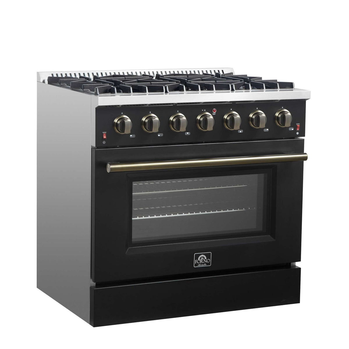 Forno Galiano 36-inch Freestanding Gas Range in Black with Antique Brass Design, 6 Burners, 83,000 BTU, 5.36 cu.ft. Convection Oven - FFSGS6244-36BLK