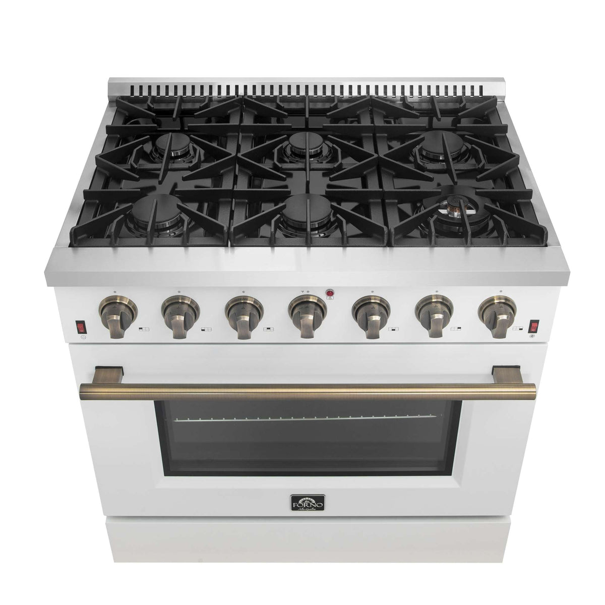 Forno Galiano 36-inch Freestanding Gas Range in White with Antique Brass Design, 6 Burners, 83,000 BTU, 5.36 cu.ft. Convection Oven - FFSGS6244-36WHT