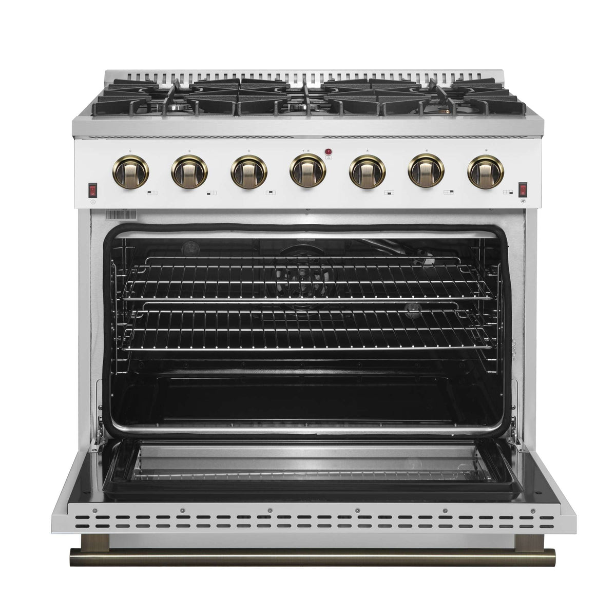 Forno Galiano 36-inch Freestanding Gas Range in White with Antique Brass Design, 6 Burners, 83,000 BTU, 5.36 cu.ft. Convection Oven - FFSGS6244-36WHT