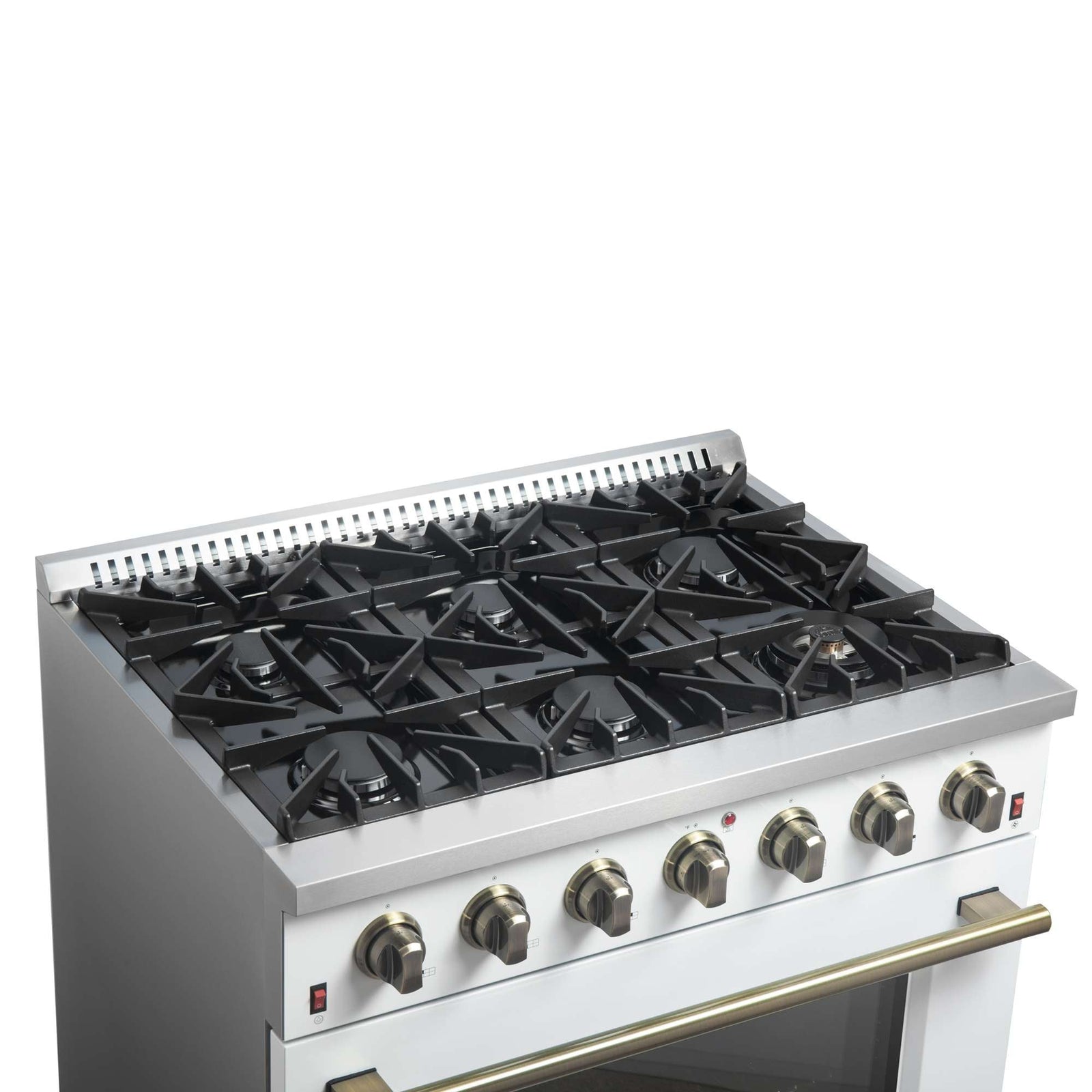 Forno Galiano 36-inch Freestanding Gas Range in White with Antique Brass Design, 6 Burners, 83,000 BTU, 5.36 cu.ft. Convection Oven - FFSGS6244-36WHT