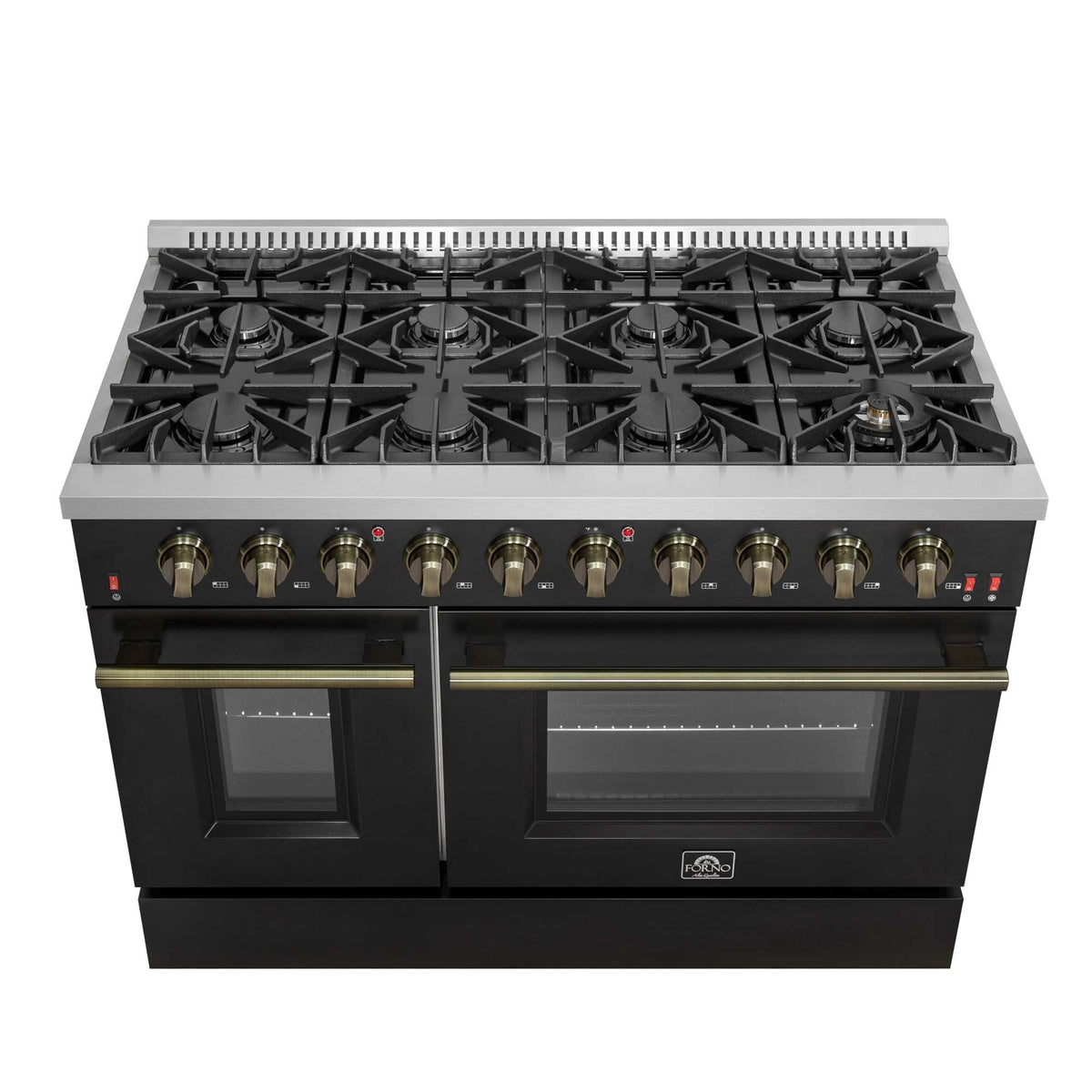 Forno Galiano 48-inch Gas Range Black & Antique Brass Design, 8 Burners, 107,000 BTU, Griddle, 6.58 cu.ft. Double Ovens - FFSGS6244-48BLK