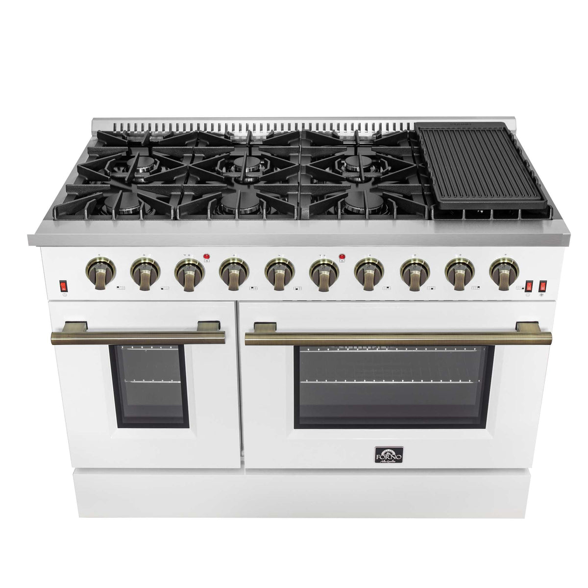 Forno Galiano 48-inch Gas Range White & Antique Brass Design, 8 Burners, 107,000 BTU, Griddle, 6.58 cu.ft. Double Ovens - FFSGS6244-48WHT