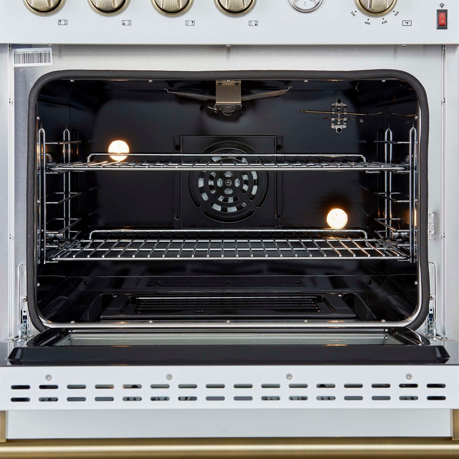 Forno Marco 30-inch Gas Range White & Antique Brass Design, 4 Burners 37,000 BTU, 4.32 cu.ft. Convection Oven - FFSGS6277-30WHT