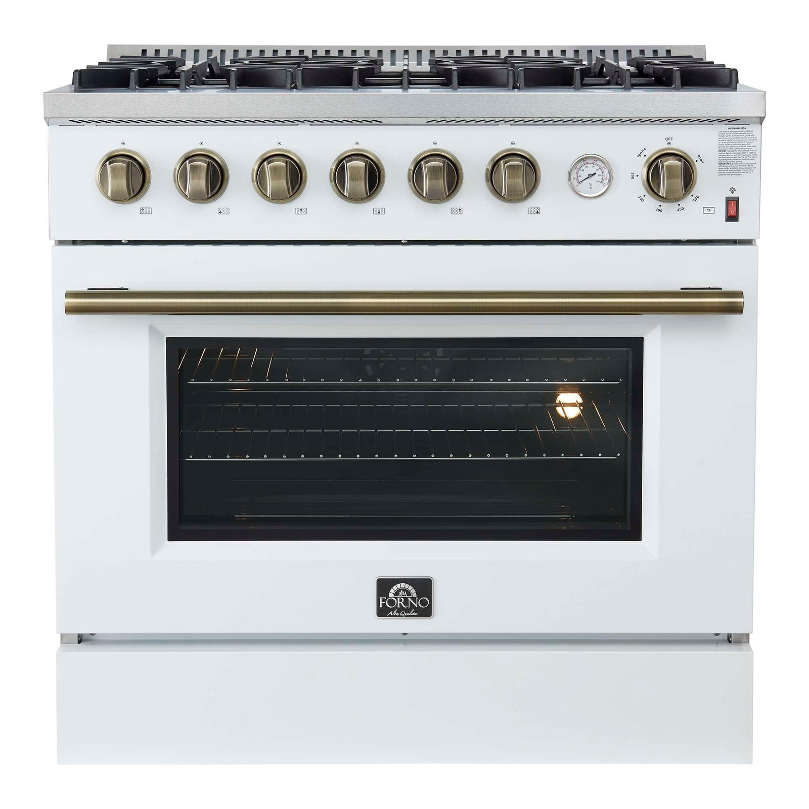 Forno Marco 36-Inch Gas Range White & Antique Brass Design, 6 Burners 67,000 BTU, 5.36 cu.ft. Convection Oven - FFSGS6277-36WHT