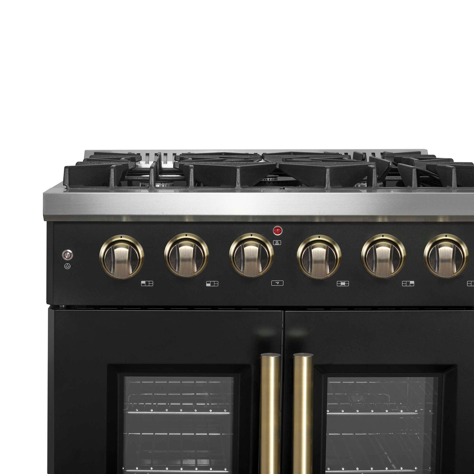 Forno Galiano 30-inch French Door Gas Range Black and Antique Brass Design, 5 Sealed Burners 68,000 BTU, 4.32 cu.ft. Convection Oven - FFSGS6444-30BLK