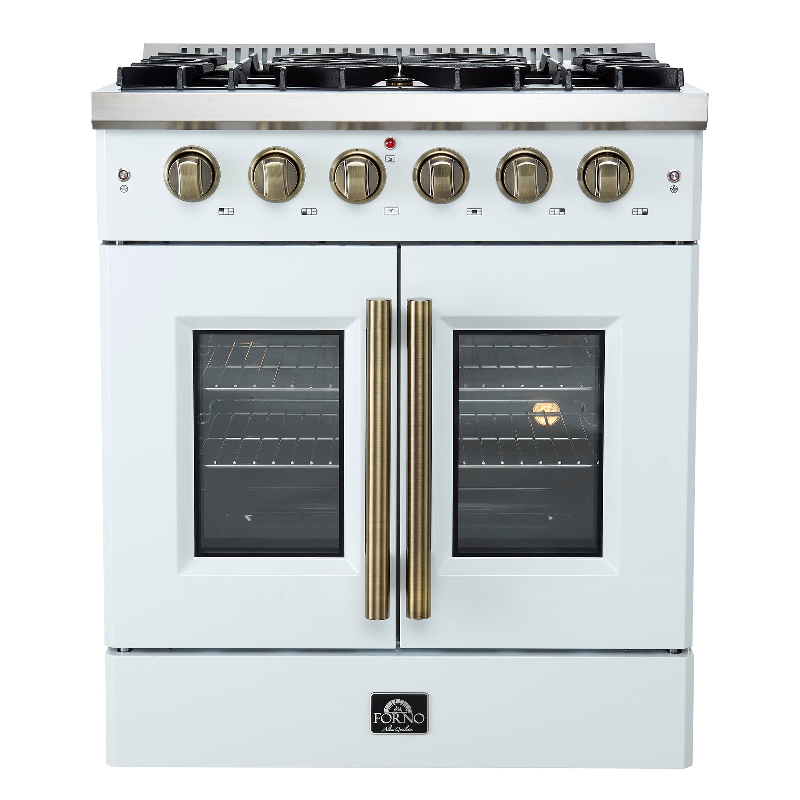 Forno Galiano 30-inch French Door Gas Range White with Antique Brass Design, 5 Burners, 68,000 BTU, 4.32 cu.ft. Convection Oven - FFSGS6444-30WHT