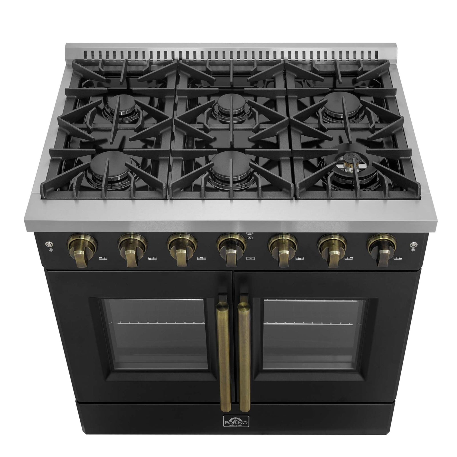 Forno Galiano 36-inch French Door Gas Range Black and Antique Brass Design, 6 Sealed Burners 83,000 BTU, 5.36 cu.ft. Convection Oven - FFSGS6444-36BLK