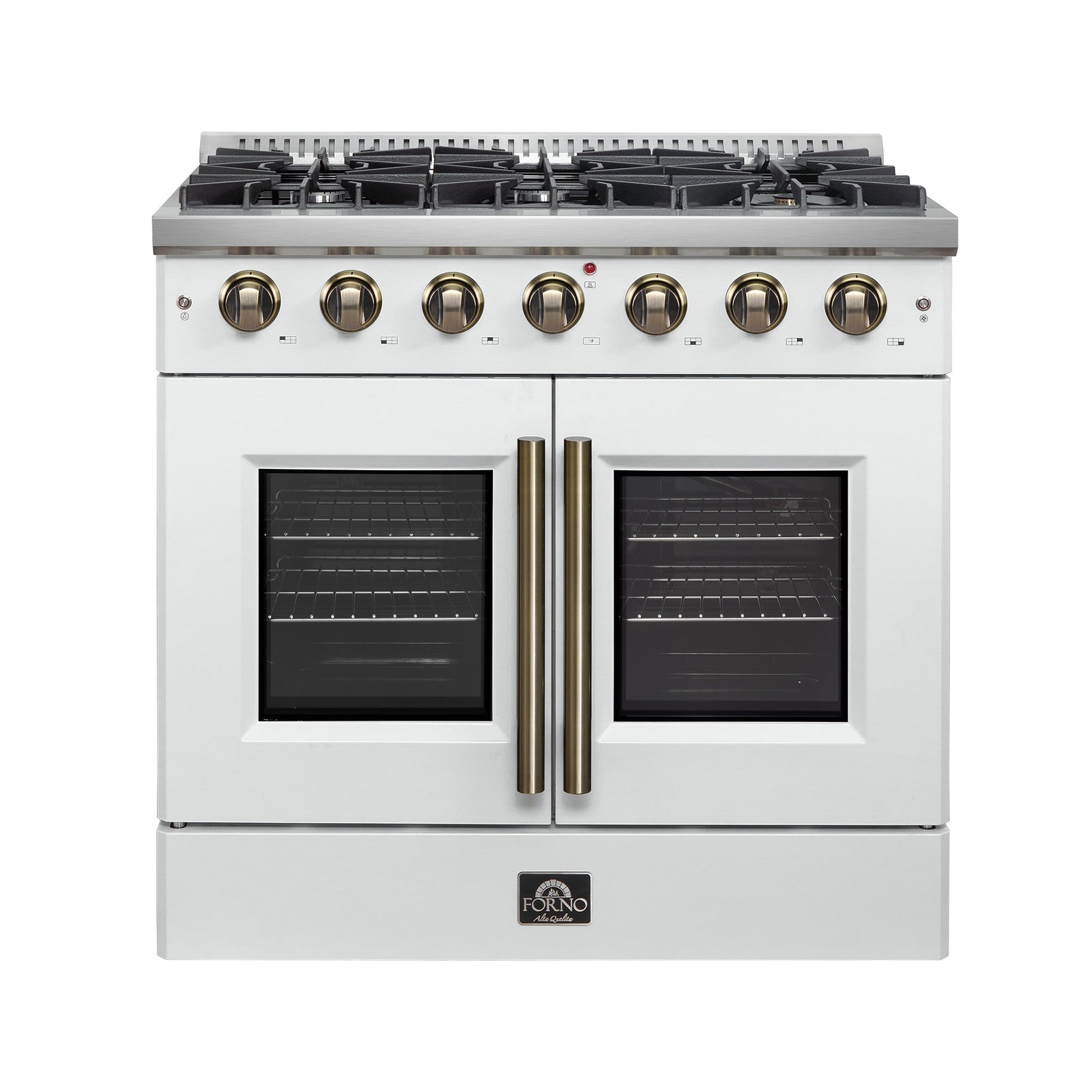 Forno Galiano 36-inch French Door Gas Range White and Antique Brass Design, 6 Sealed Burners 83,000 BTU, 5.36 cu.ft. Convection Oven - FFSGS6444-36WHT