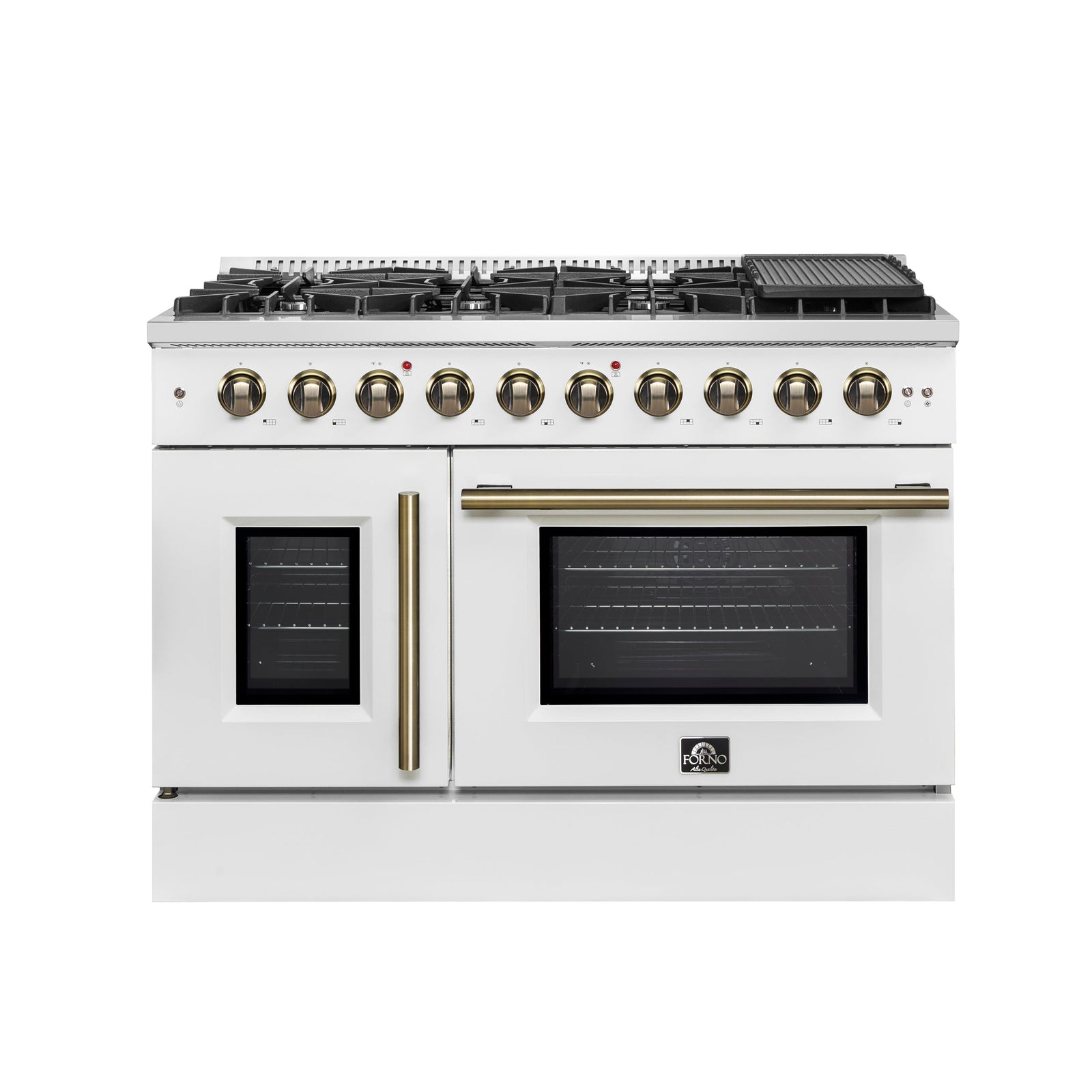 Forno Galiano 48-Inch Freestanding French Door Gas Range, White & Antique Brass - FFSGS6444-48WHT