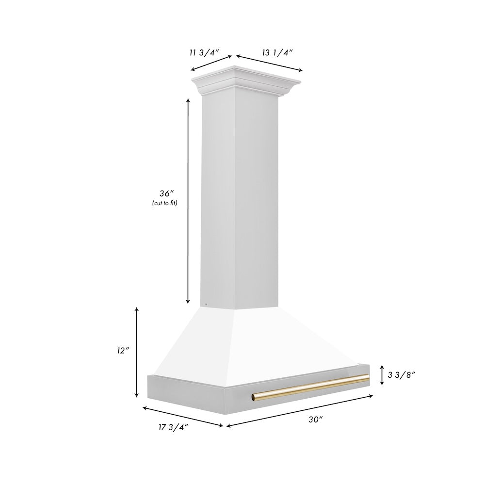 ZLINE Autograph Edition 30-inch range hood in white matte and polished gold accents KB4STZ-WM30-G, view 7