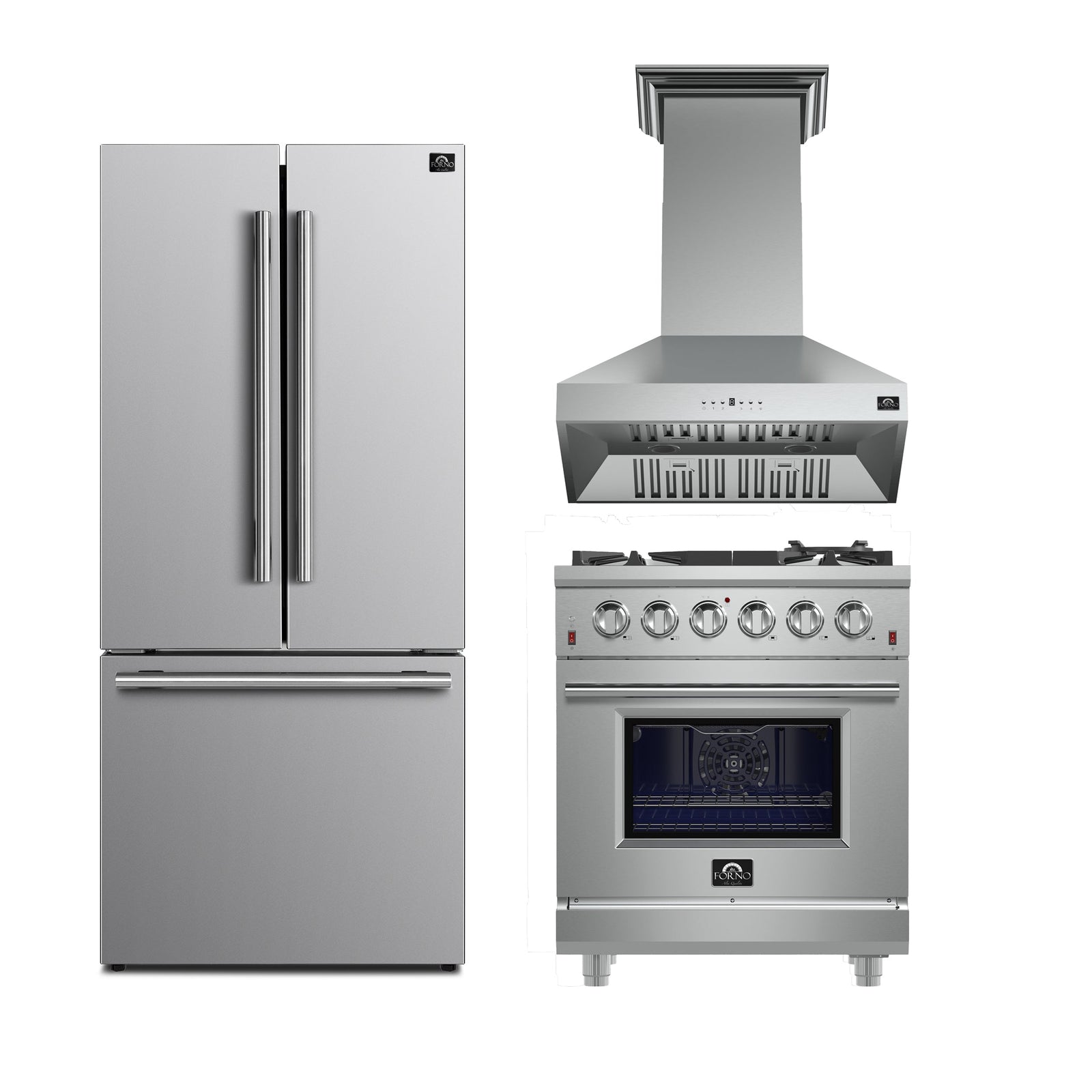 Forno 3-Piece SS Kitchen Bundle - 30" Gas Range, 31" French Door Refrigerator and 30" Range Hood - FBDL-REM-001
