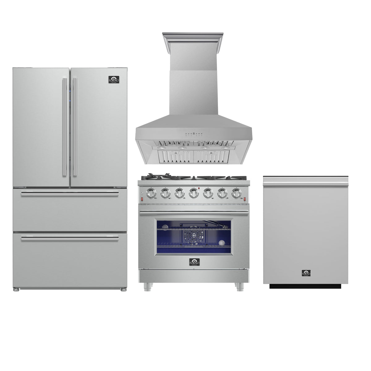 Forno 4-Piece SS Kitchen Bundle - 36" Gas Range, 36" Fr. Door Refrigerator, 36" Hood, 24" Dishwasher - FBDL-REM-002