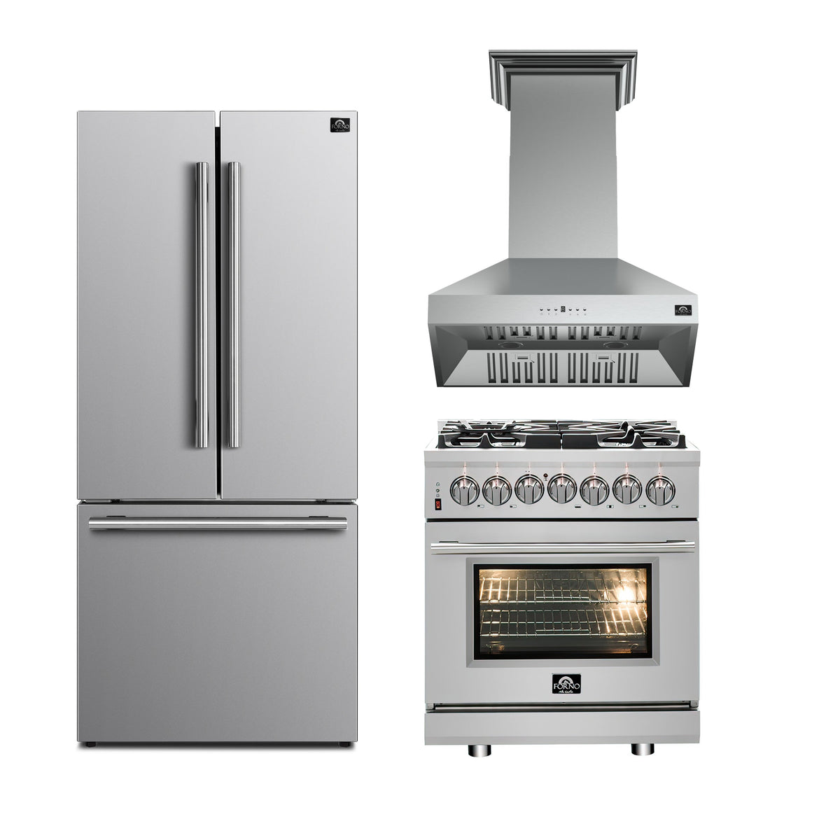 Forno 3-Piece SS Kitchen Bundle - 30" Gas Range, 31" French Door Refrigerator and 30" Range Hood - FBDL-REM-004