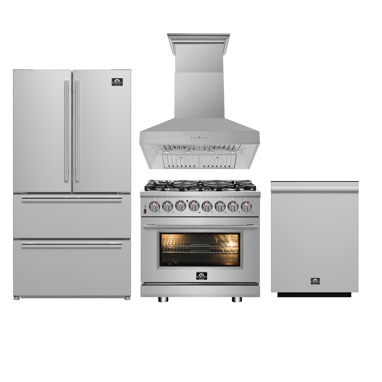 Forno 4-Piece SS Kitchen Bundle - 36" Gas Range, 36" Fr. Door Refrigerator, 36" Hood, 24" Dishwasher - FBDL-REM-005