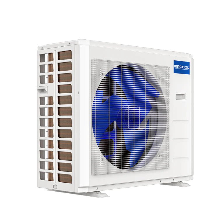 Front of the condenser for the MRCOOL DIY 4th Gen 4-Zone 36,000 BTU 22 SEER (9K + 9K + 12K + 12K) Ductless Mini Split AC and Heat Pump with Ceiling Cassettes