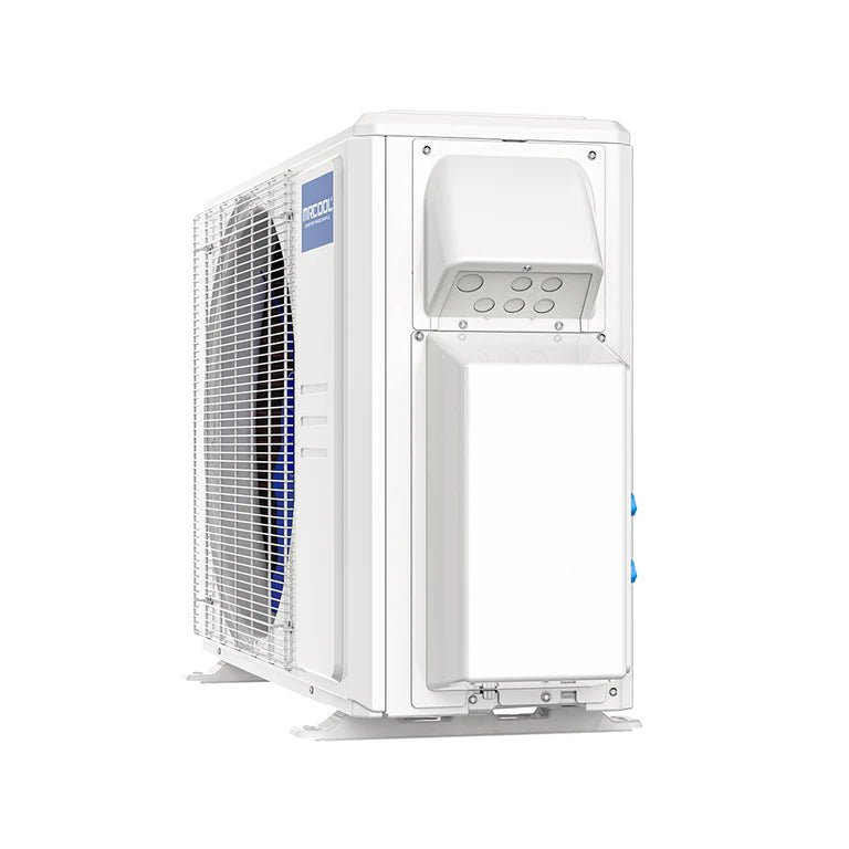 Side view of condenser for MRCOOL DIY 5th Gen 2-Zone 18,000 BTU 23.9 SEER2 (9K + 9K) Ductless Mini Split AC and Heat Pump with Ceiling Cassettes