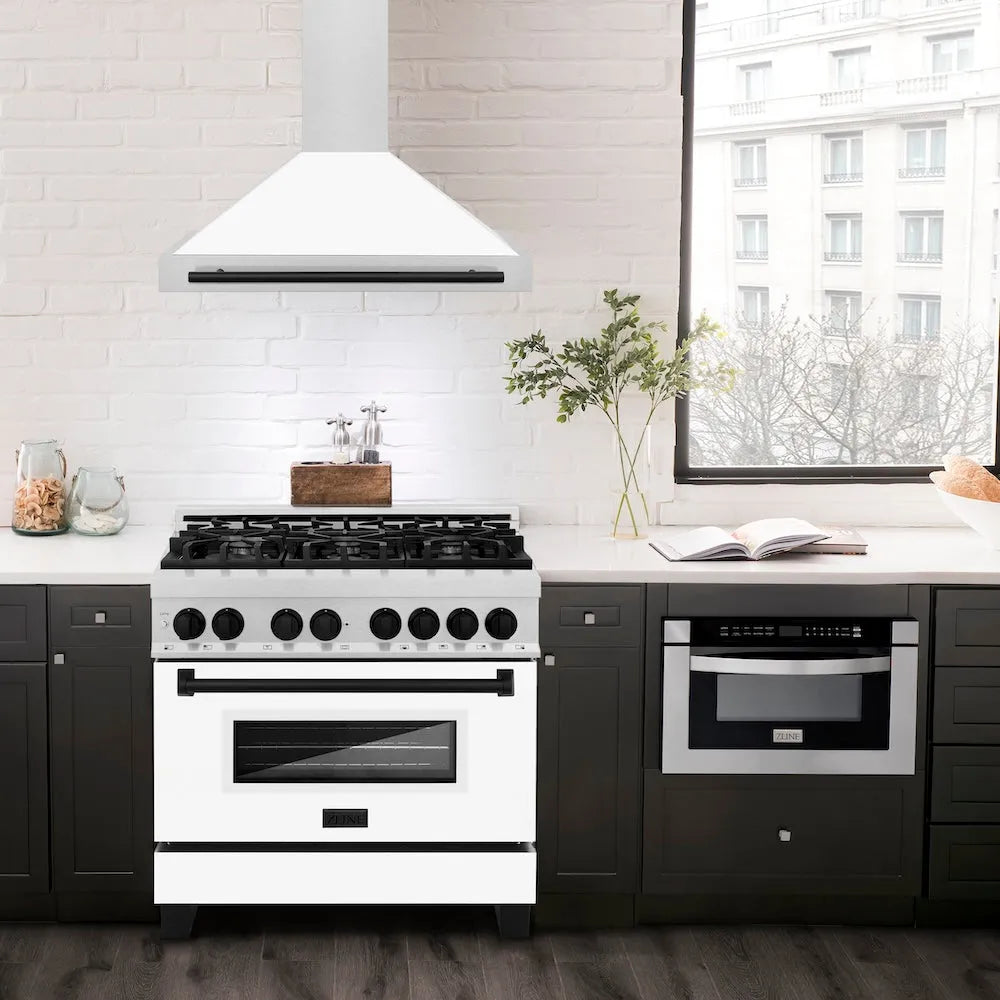 ZLINE Autograph Edition 36-inch range hood in satin stainless steel and matte black accents KB4SNZ-WM36-MB, view 2