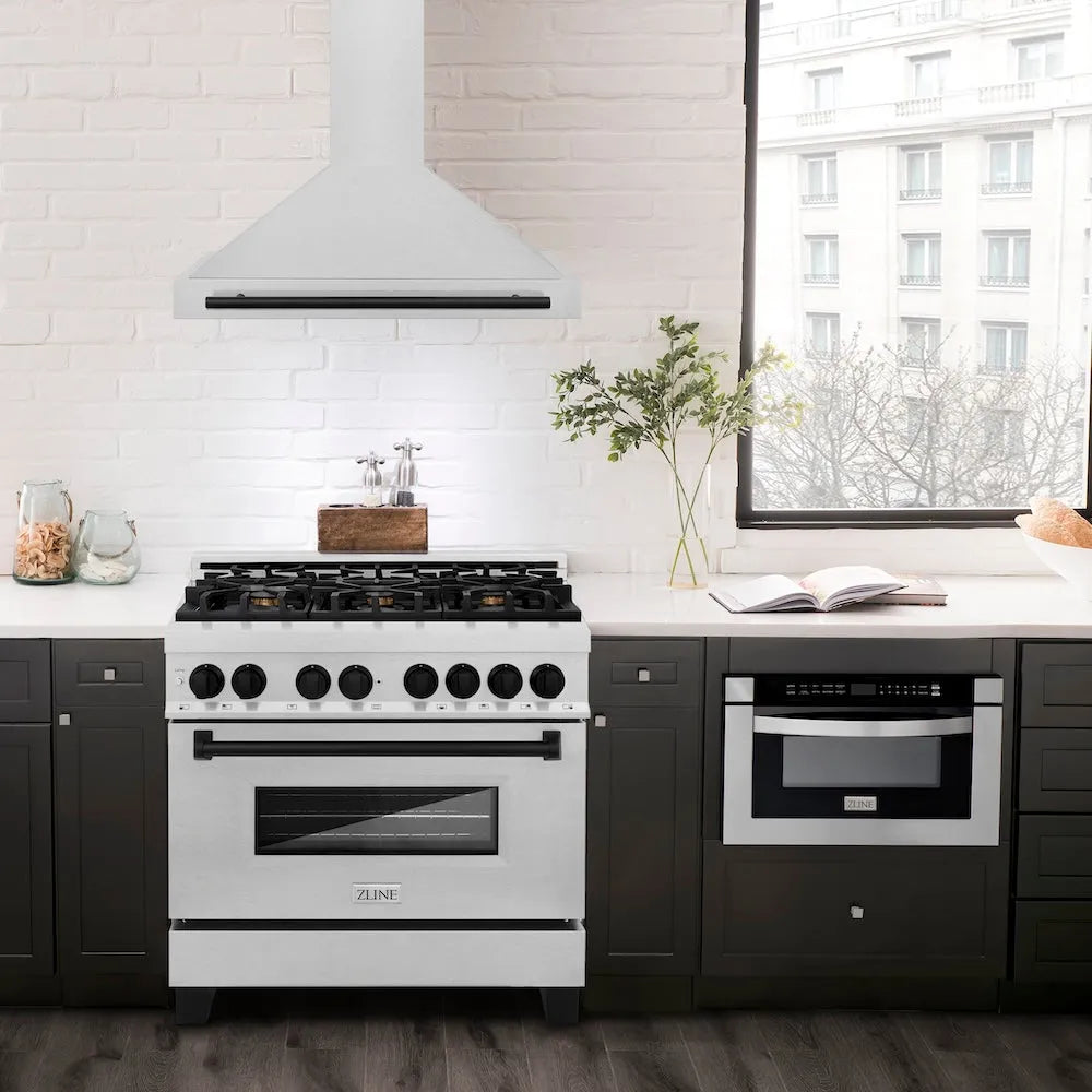 ZLINE Autograph Edition 36-inch range hood in satin stainless steel and matte black accents KB4SNZ-36-MB, view 2