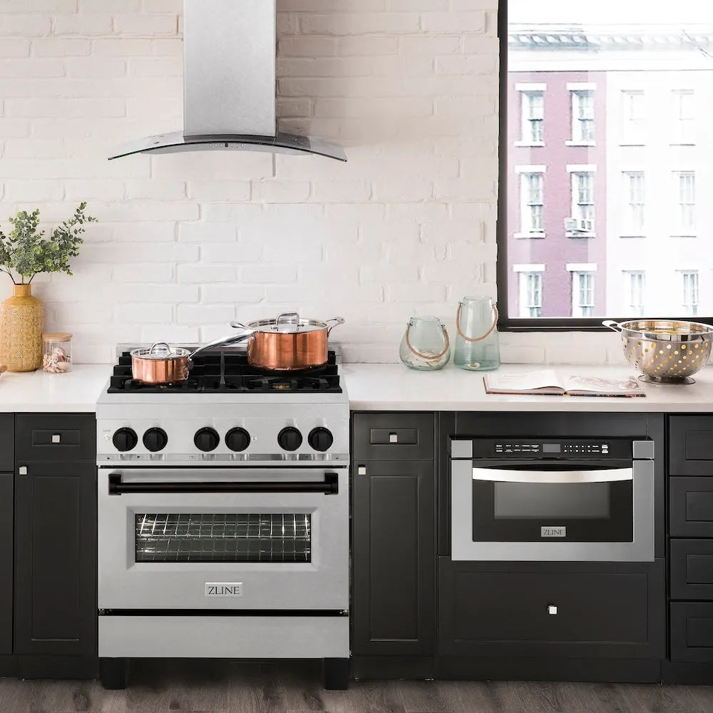 ZLINE Autograph Edition Legacy 30-inch range in satin stainless steel and matte black accents RASZ-SN-30-MB, front view