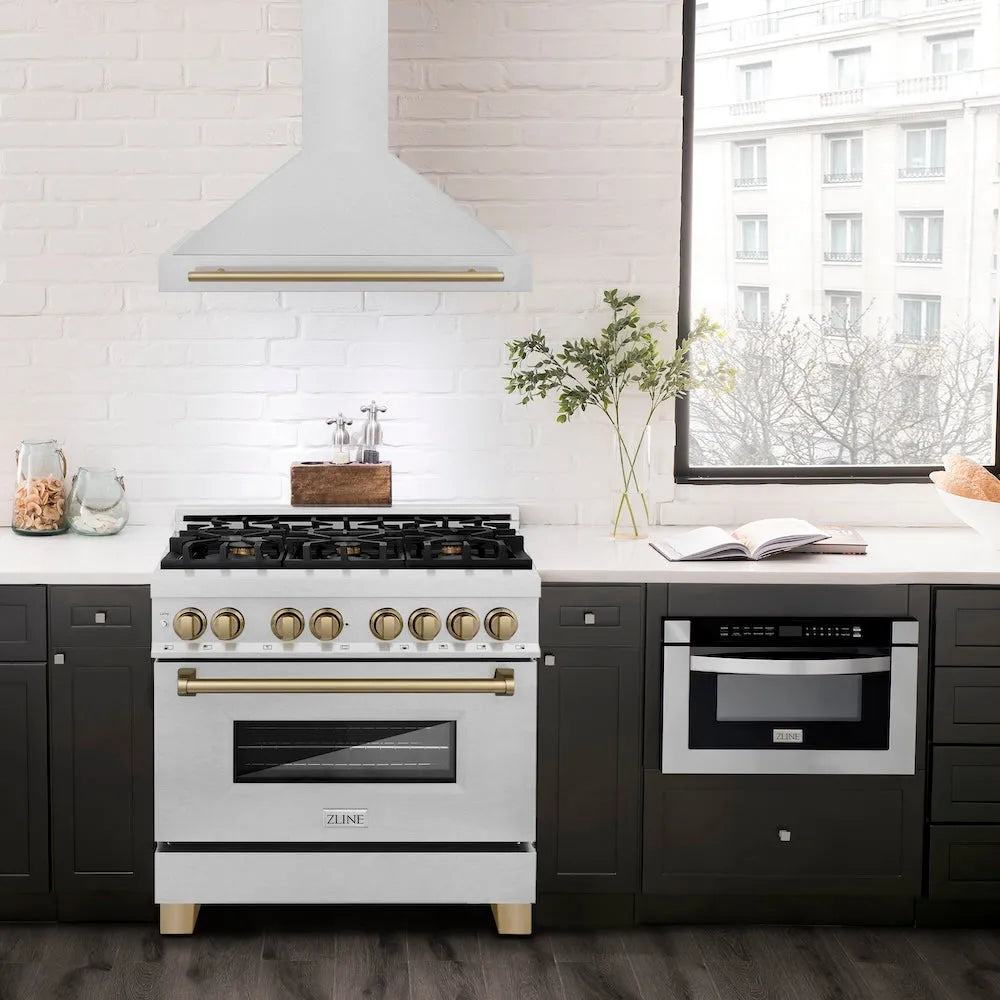 ZLINE Autograph Edition 36-inch range hood in satin stainless steel and champagne bronze accents KB4SNZ-36-CB, view 2