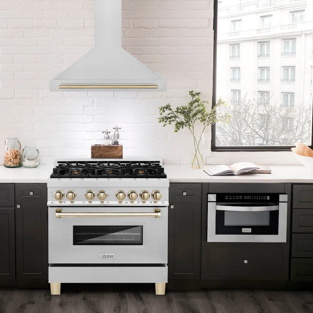 ZLINE Autograph Edition 36-inch range hood in satin stainless steel and polished gold accents KB4SNZ-36-G, view 2