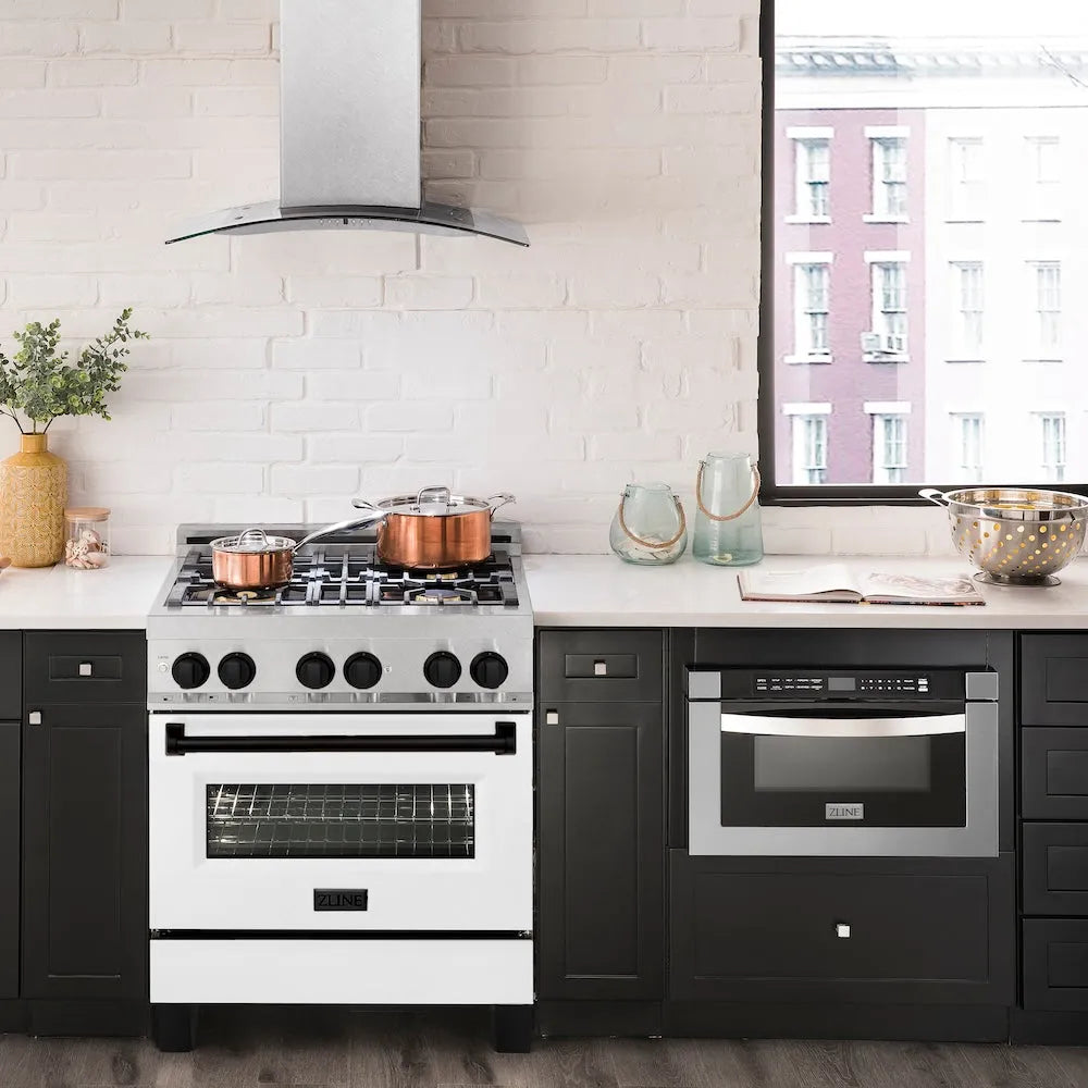 ZLINE Autograph Edition Legacy 30-inch range in satin stainless steel with white matte door and matte black accents RASZ-WM-30-MB, front view