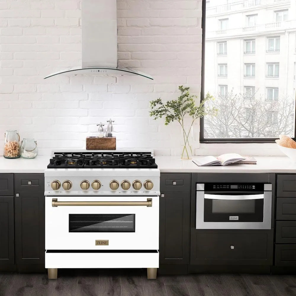 ZLINE Autograph Edition Legacy 36-inch range in satin stainless steel with white matte door and champagne bronze accents RASZ-WM-36-CB, view 2
