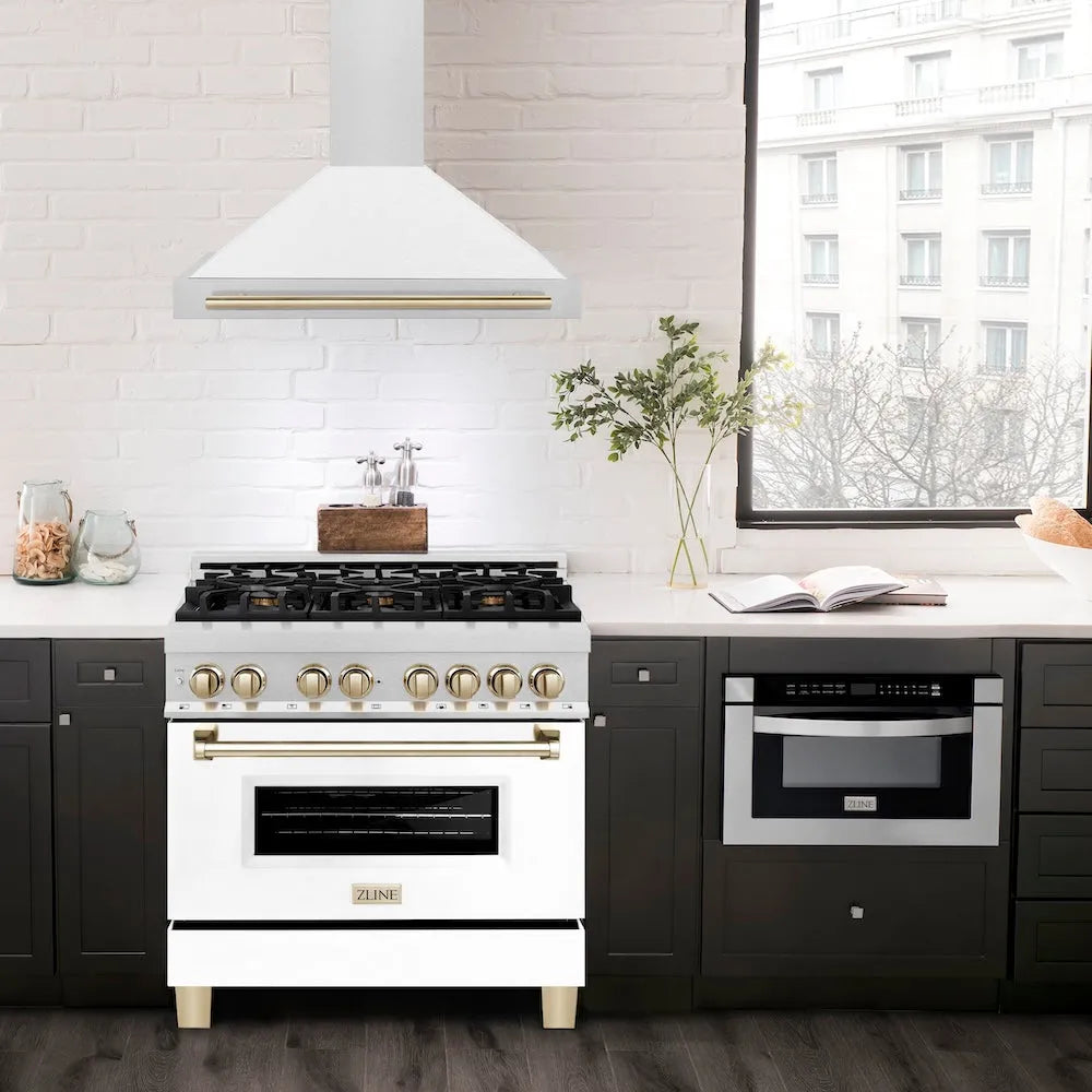 ZLINE Autograph Edition 36-inch range hood in satin stainless steel and polished gold accents KB4SNZ-WM36-G, view 2