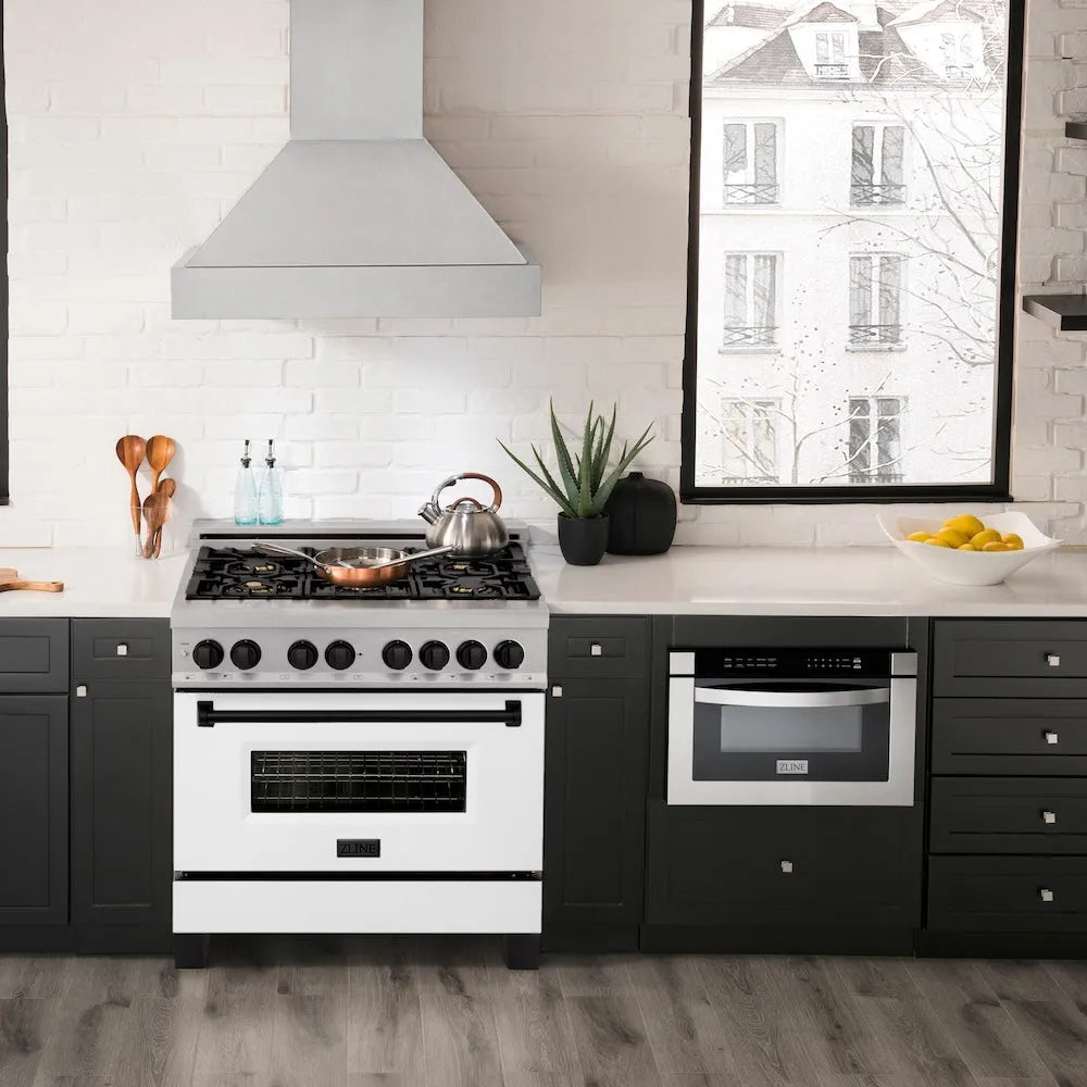 ZLINE Autograph Edition Legacy 36-inch range in satin stainless steel with white matte door and matte black accents RASZ-WM-36-MB, view 2