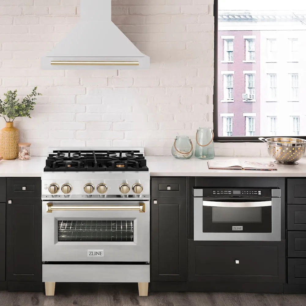 ZLINE Autograph Edition 30-inch range hood in stainless steel and polished gold accents 8654STZ-30-G, view 2