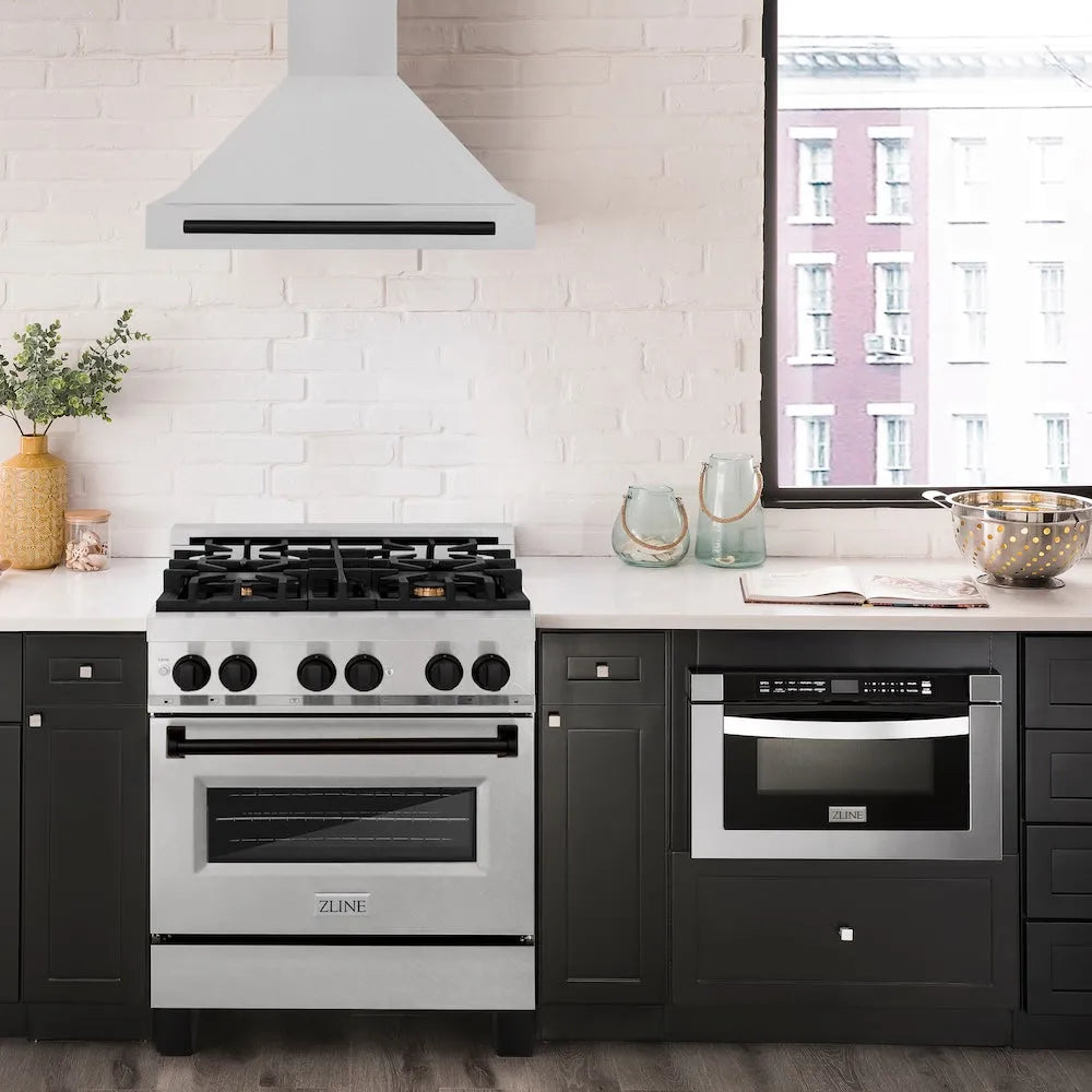 ZLINE Autograph Edition 30-inch range hood in satin stainless steel and matte black accents KB4SNZ-30-MB, view 2