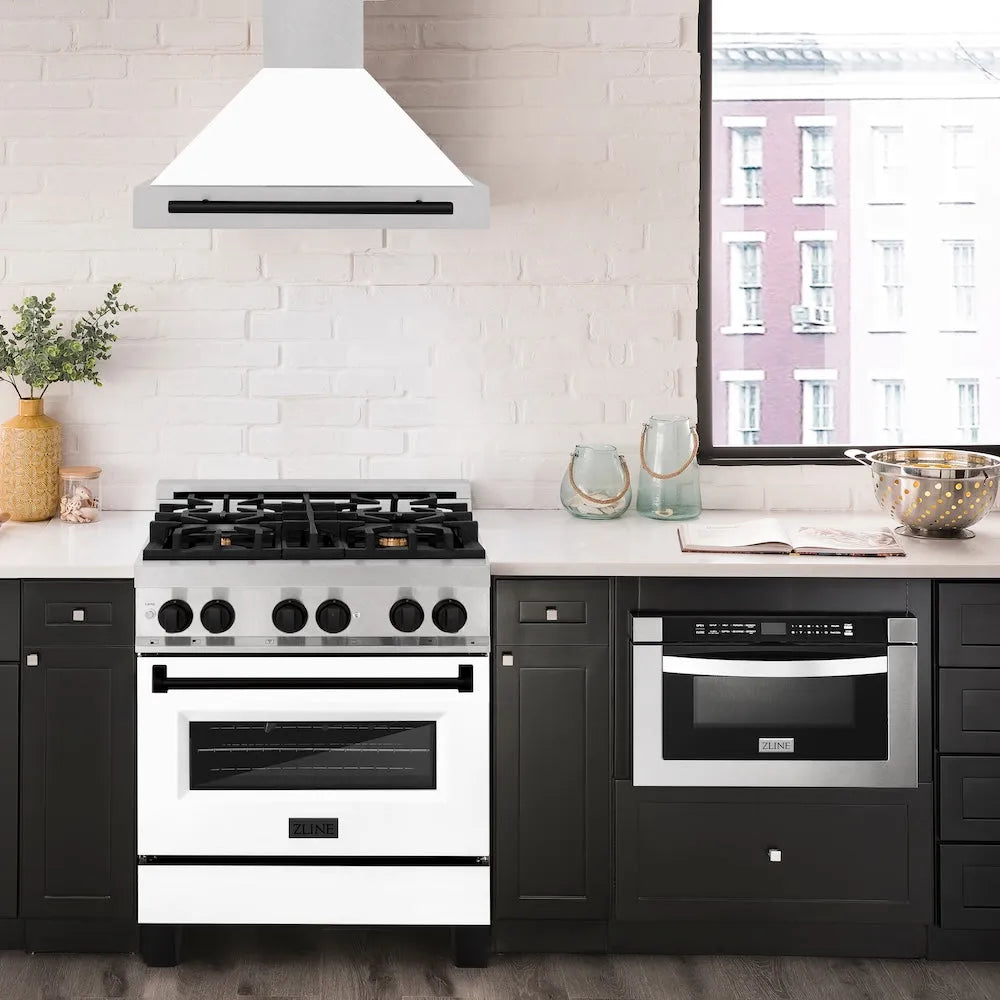ZLINE Autograph Edition 30-inch range hood in satin stainless steel and matte black accents KB4SNZ-WM30-MB, view 2