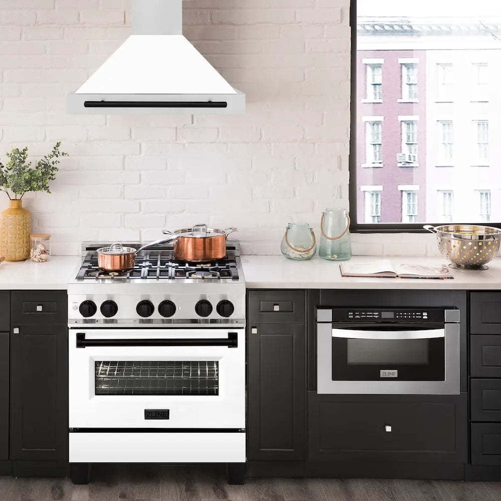 ZLINE Autograph Edition 30-inch range hood in white matte and matte black accents KB4STZ-WM30-MB, view 2