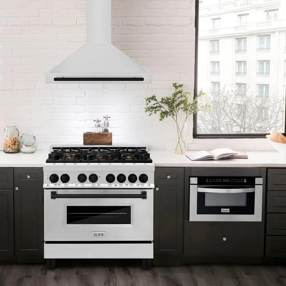 ZLINE Autograph Edition 36-inch range hood in stainless steel and matte black accents KB4STZ-36-MB, view 2