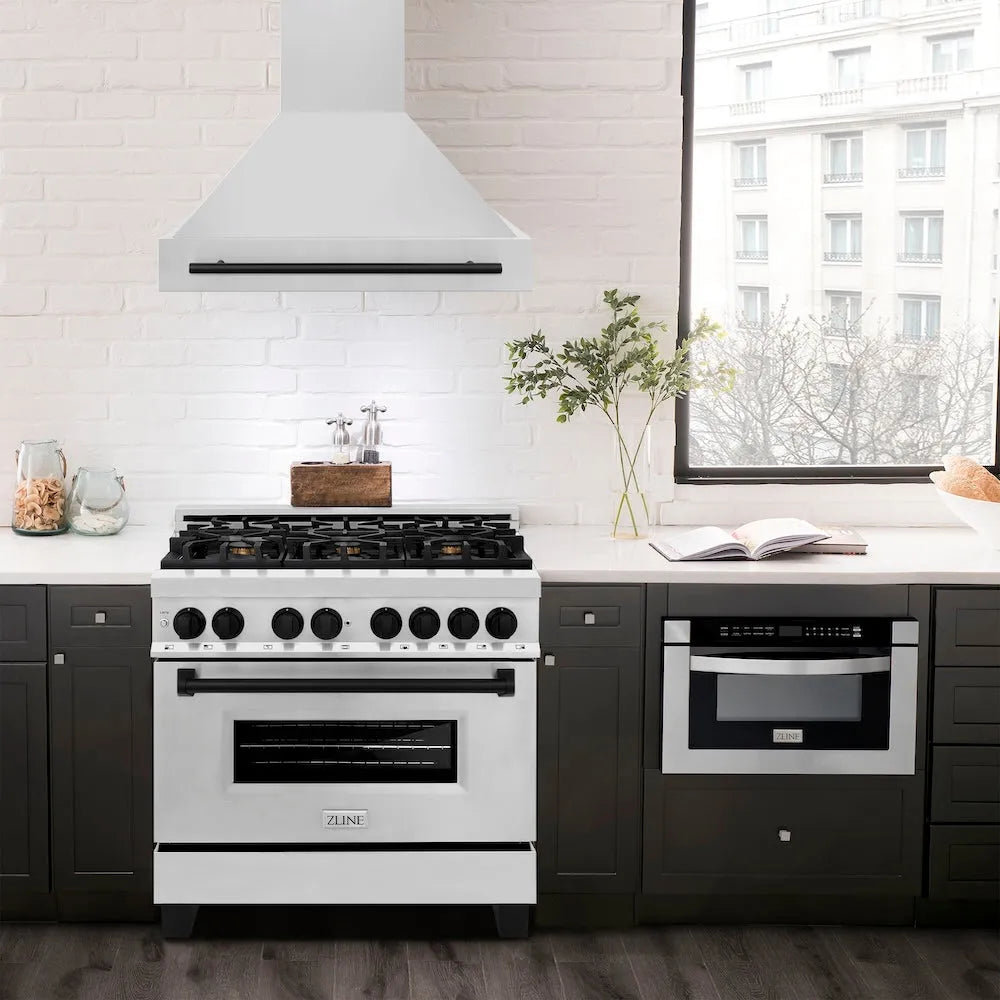 ZLINE Autograph Edition 36-inch range hood in stainless steel and matte black accents 8654STZ-36-MB, view 2