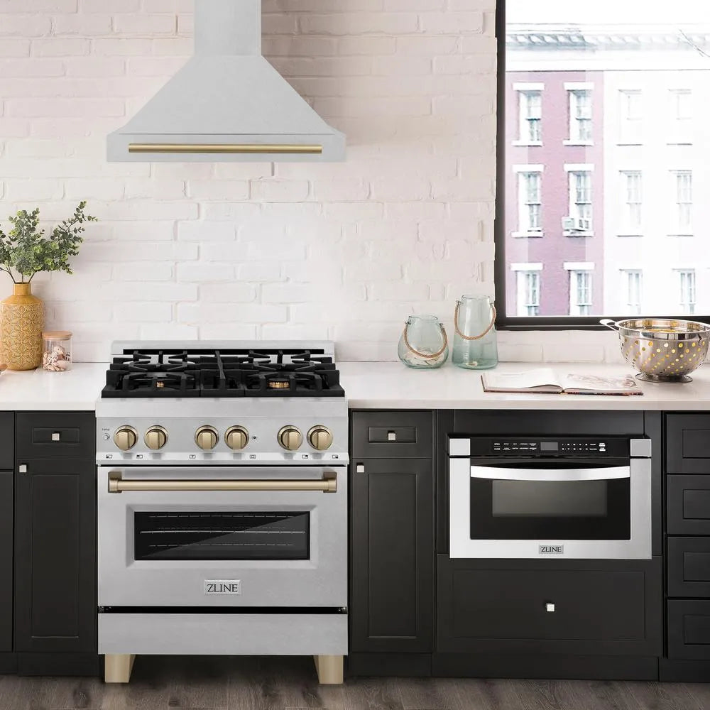 ZLINE Autograph Edition 30-inch range hood in satin stainless steel and champagne bronze accents KB4SNZ-30-CB, view 2
