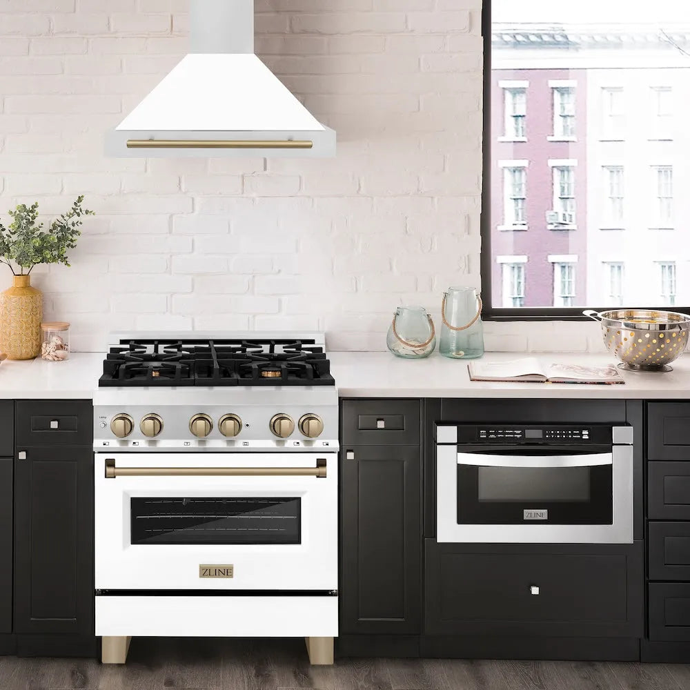 ZLINE Autograph Edition 30-inch range hood in white matte and champagne bronze accents KB4STZ-WM30-CB, view 2